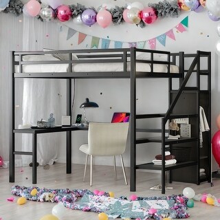 Kids and Baby Full Size LED Loft Bed with L-shaped Desk,USB,Wardrobe
