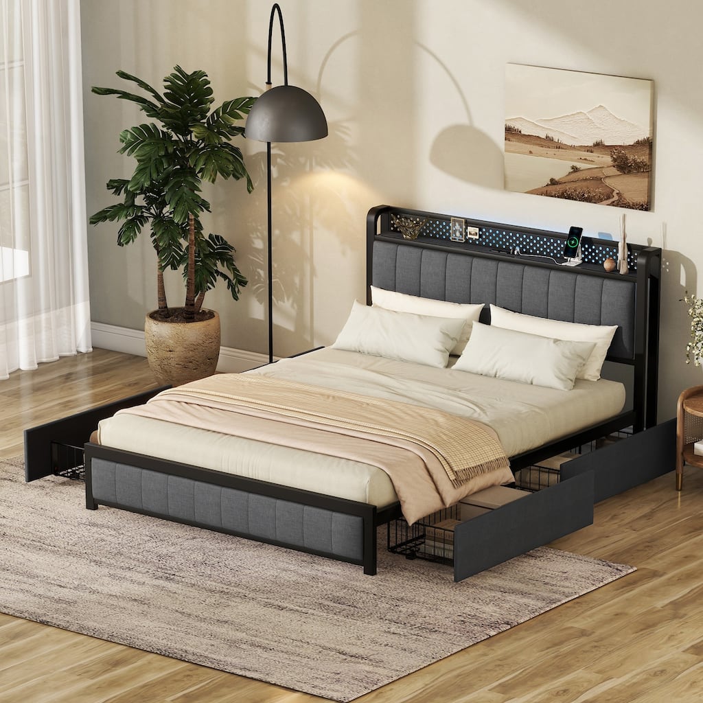 Queen Bed Frame with LED Headboard, Upholstered Bed with 4 Storage Drawers and USB Ports for Apartment, Living Room, Bedroom