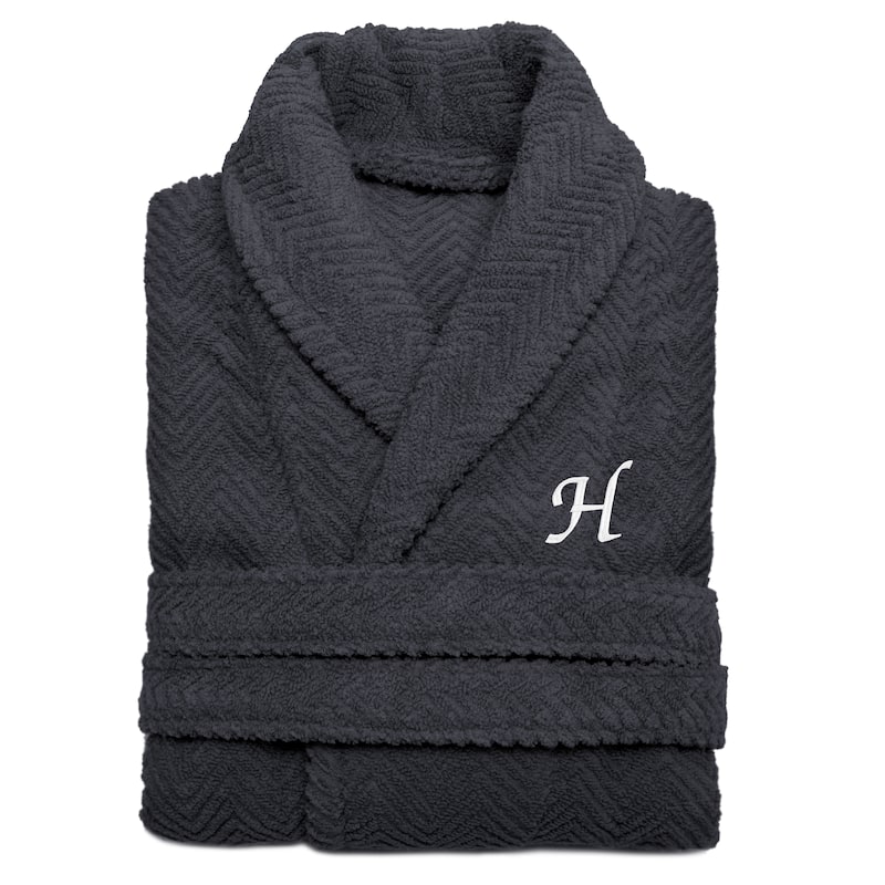 Authentic Hotel and Spa Charcoal Grey with White Monogrammed Herringbone Weave Turkish Cotton Unisex Bath Robe - S/M - H