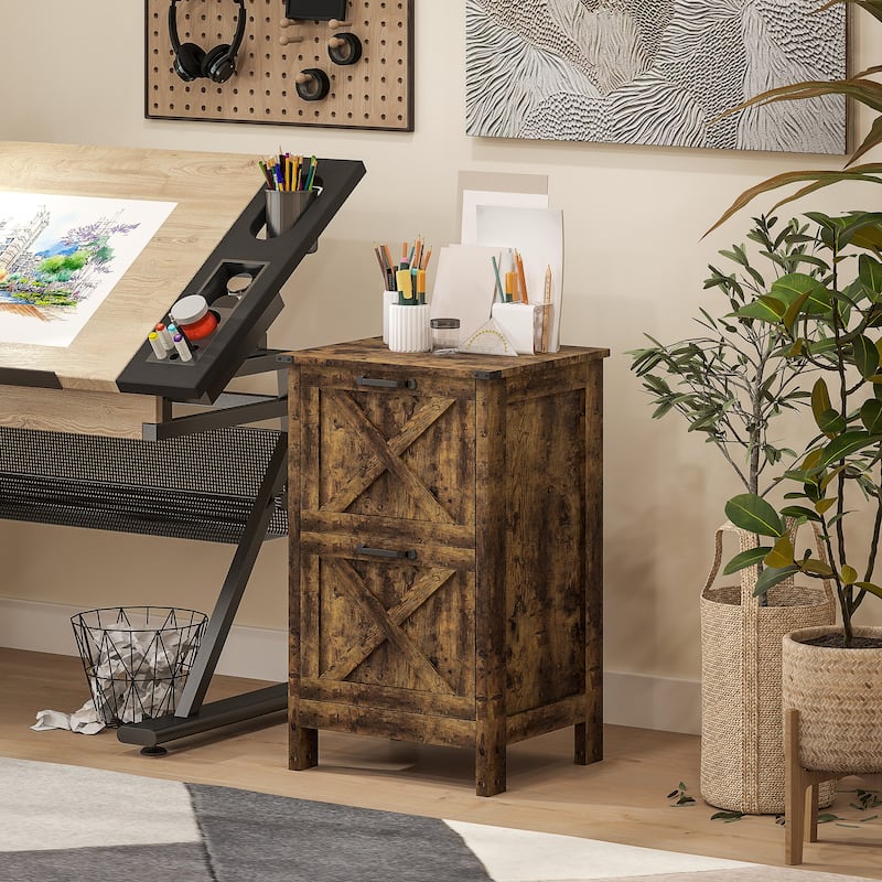 HOMCOM 2 Drawer Vertical File Cabinet with Silent Slides,Farmhouse Filing Cabinet with Barn Doors for A4/Letter Size