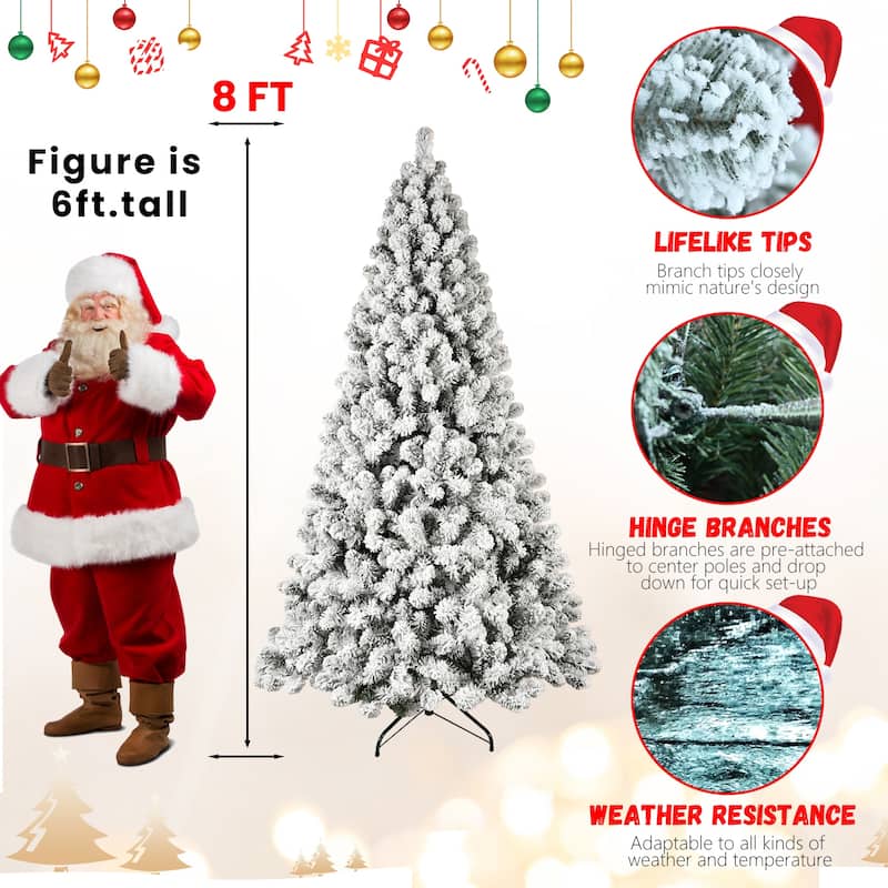 Pre-Lit Snow Flocked Christmas Tree - UL Warm White Lights, Auto-Unfold Memory Wire, Metal Stand - Green,White