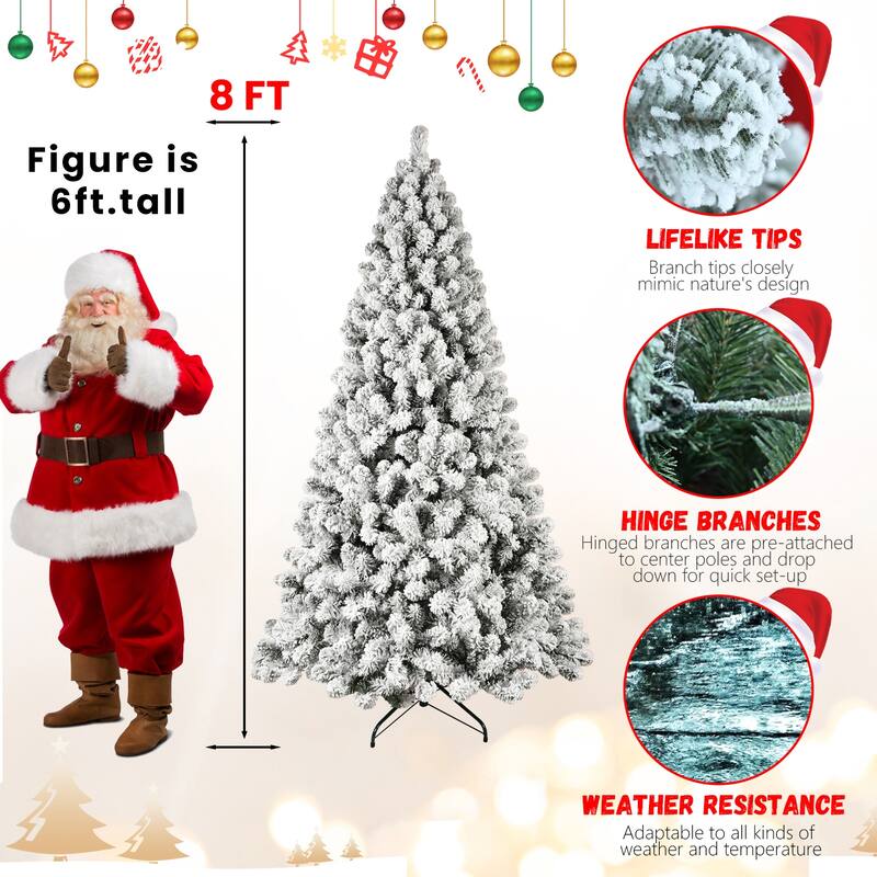 Pre-Lit Snow Flocked Tree - UL Warm White Lights, Auto-Unfold Memory Wire, Metal Stand - Green,White