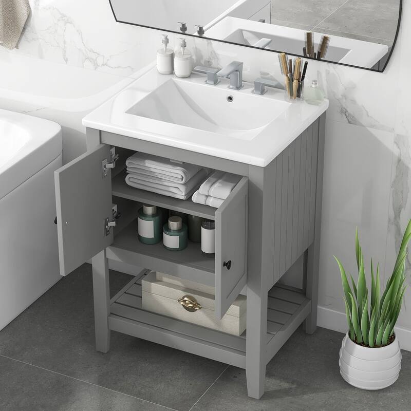 24" Bathroom Wood Storage Vanity Cabinet with Ceramic Sink and Shelf - Grey