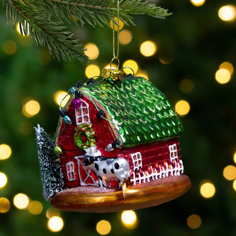 4" Festive Red and Green Barn with Roof Glass Christmas Ornament