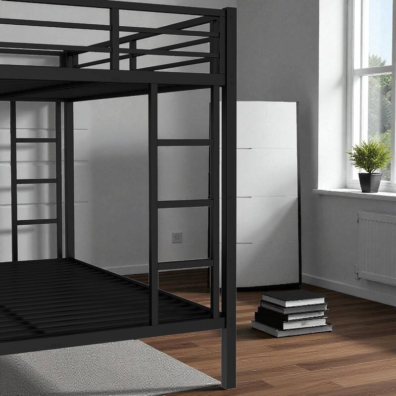 Metal Twin XL over Queen Bunk Bed Frame with Guardrails, Two-Side Ladder, Noise-Free & Space-Saving Design