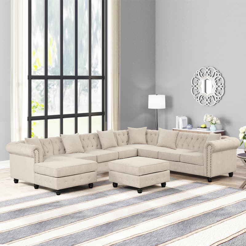 Chesterfield Sectional Sofa with Ottoman and 6 Pillows U-Shape Linen Fabric Sofa with Chaise and Rubberwood Legs for Living Room - Beige