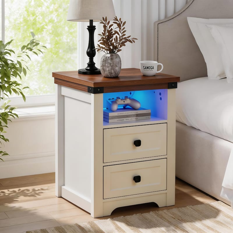 Farmhouse Side Table with Charging Station, Antique Nightstands with Drawers, Bedside Table with Open Shelf for Bedroom - White