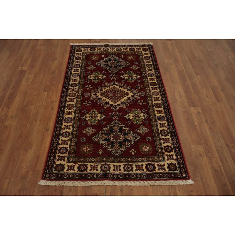 Hand Knotted Oriental 100% Wool Carpet Traditional Tribal Red Super Kazak Area Rug - 5' 0'' X 2' 11''