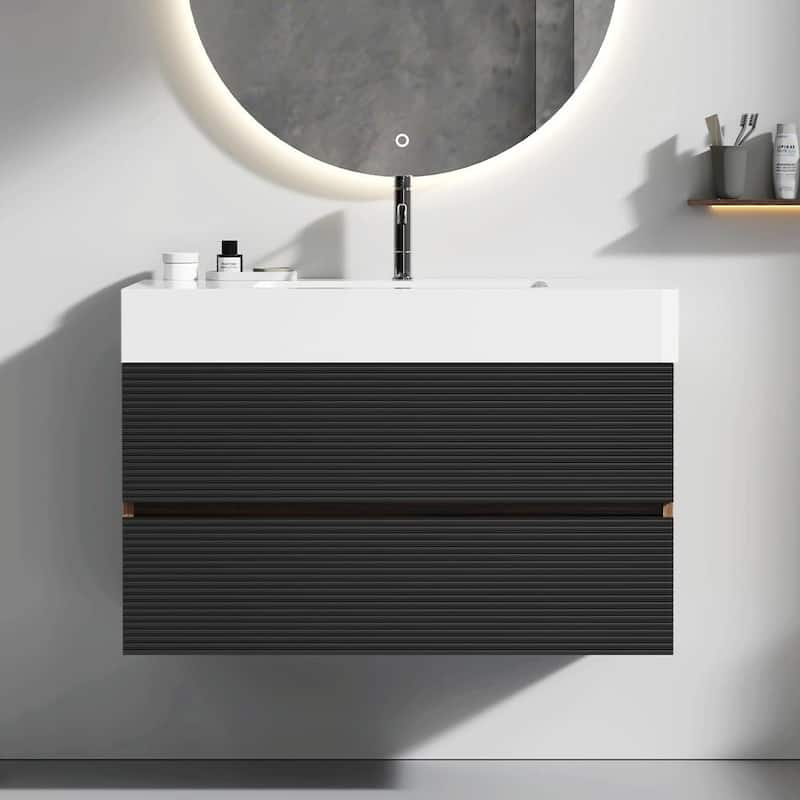 36" Walnut Bathroom Vanity with Engineered Quartz Sink and Soft Black Drawers - White+Black+Brown