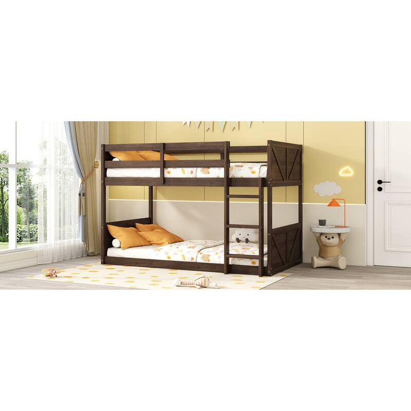 Roomfitters Twin over Twin Floor Bunk Bed with Panel Headboard and Footboard, Solid Rubber Wood Frame, Ladder