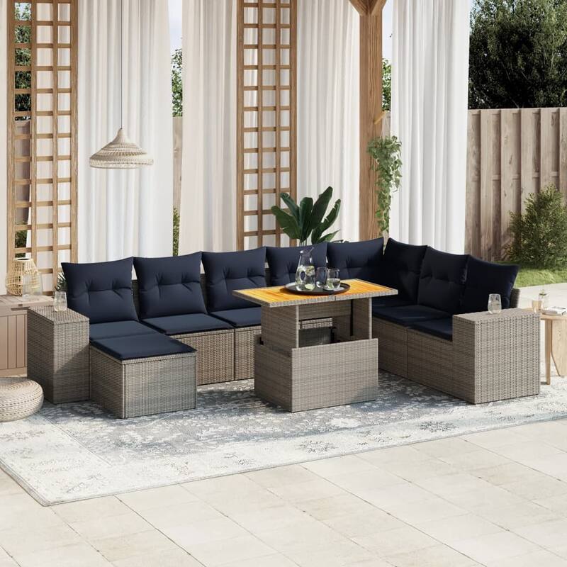 vidaXL Patio Sofa Set with Cushions Outdoor Furniture 9 Piece Poly Rattan - 21.7 x 24.4 x 27.2 - Grey