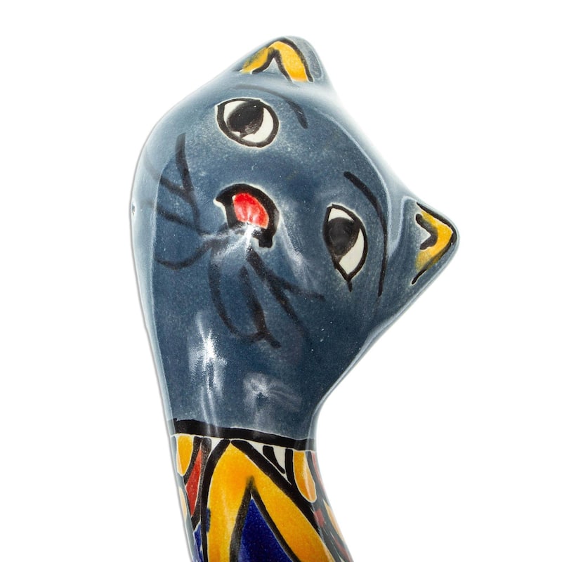 Novica Handmade Blue Talavera Cat Ceramic Statuette