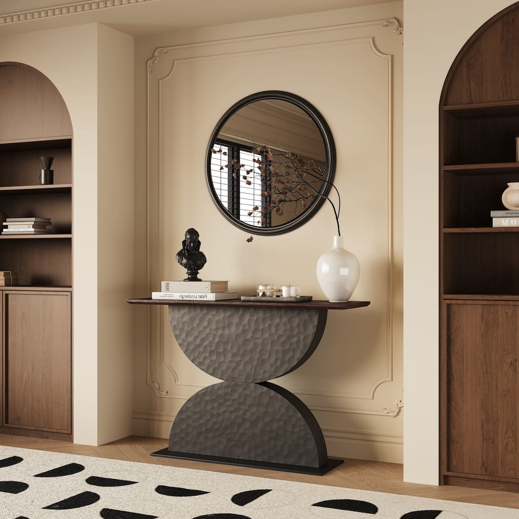 47" Accent Console Table, Wooden Accent Narrow Sofa Table Entryway Table with Double Semi-Circle Base and LED Light