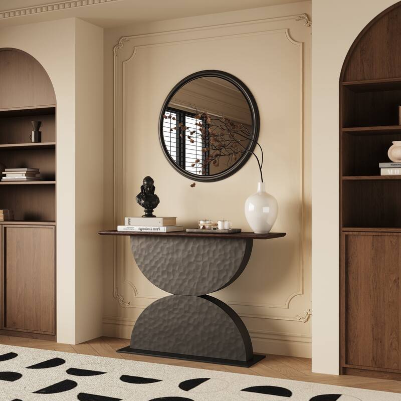 47-Inch Modern Console Table with Double Semi-Circle Base & LED Light, 3D Hammered Texture Sofa Table