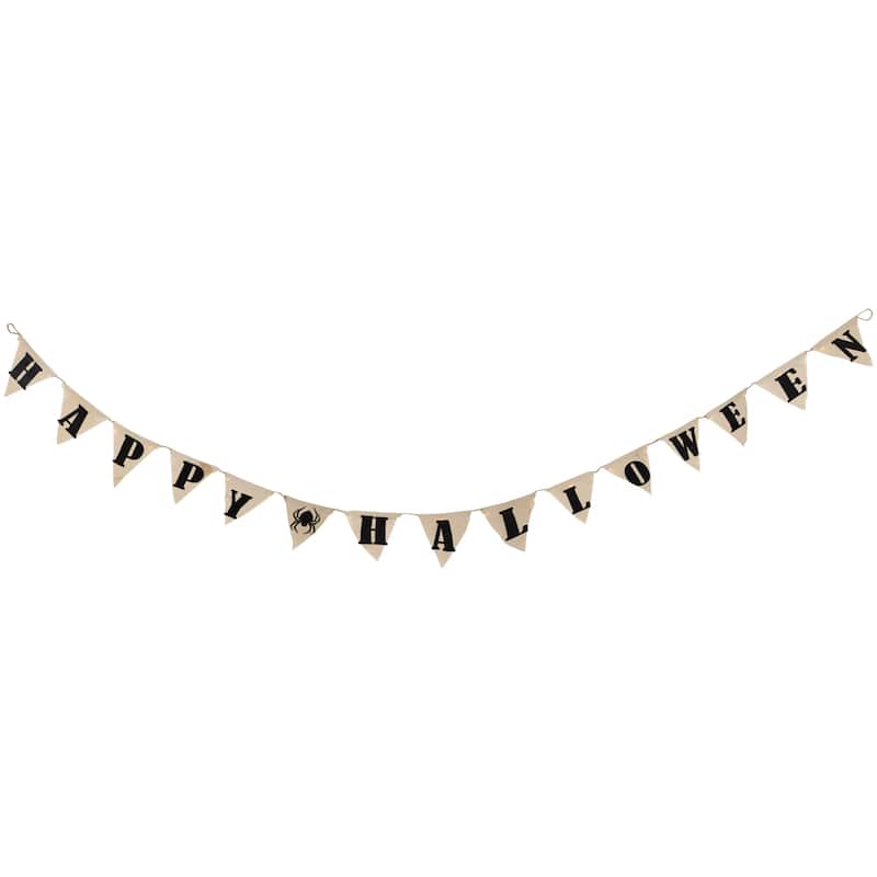 18.75" Beige Battery Operated LED Lighted Burlap Happy Halloween Banner