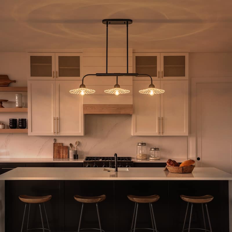 3-Light Black Linear Pendant Light with Pleated Clear Glass Shades - Dia.35.43-in