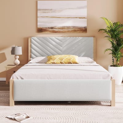 Mid-Century Modern Queen Upholstered Bed Frame with Tufted Headboard and Wood Legs