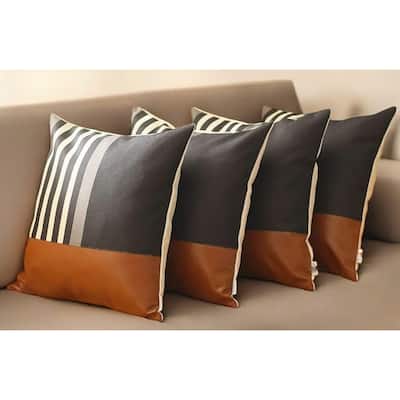 Set of Four 18" Brown Black and Ivory Striped Fabric and Faux Leather Throw Pillows