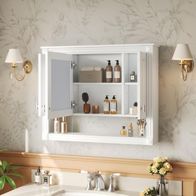 35"Bathroom Wall Cabinet with Mirror, Wall Mounted Medicine Cabinet with Open Shelf, Mirrored Door Over Toilet Storage Cabinet