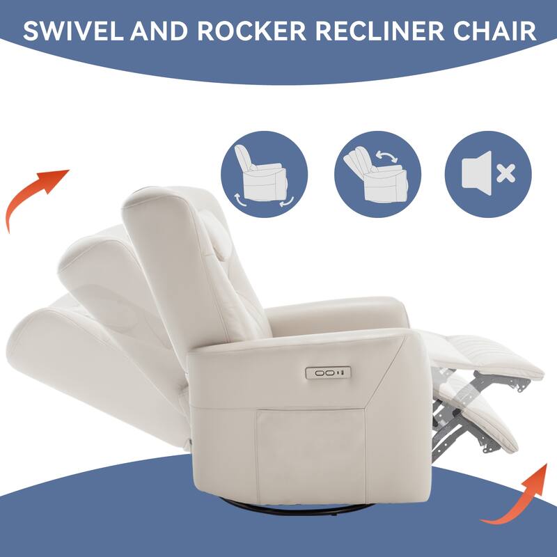 Beige Power Swivel Rocker Recliner with Lumbar Support and USB Ports