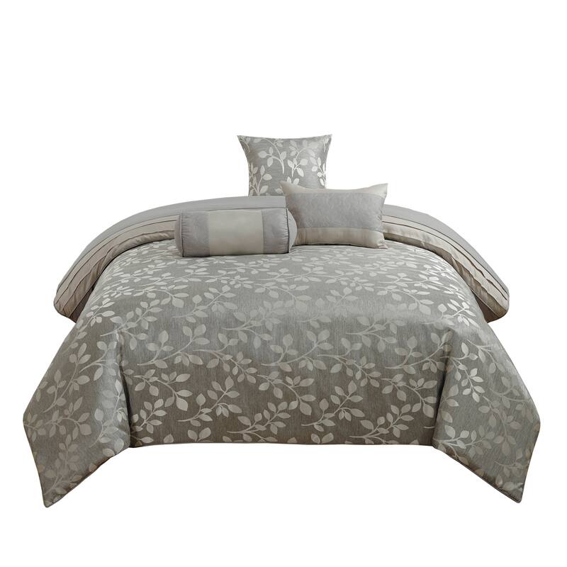 Queen Size 7 Piece Fabric Comforter Set with Leaf Prints, Gray