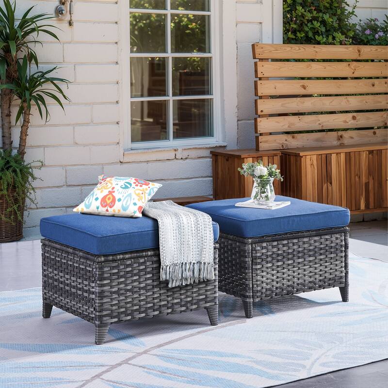 Outdoor Patio Footstool Ottomans with Cushion Grey-Blue - Grey