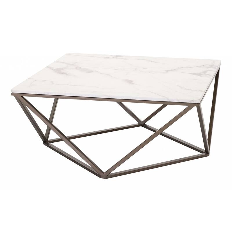 HomeRoots 36" Antique Brass And White Faux Marble Stone Coffee Table - 36