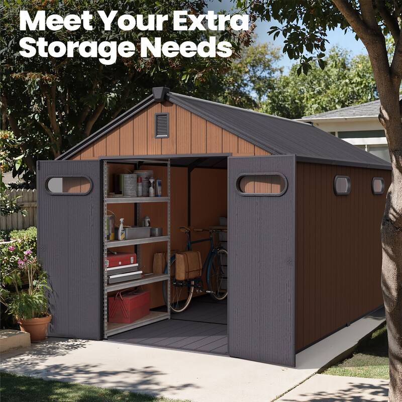 8X8/8X10/8X12 FT Resin Outdoor Storage Shed with Window Vent Floor for Patio Furniture and Tools