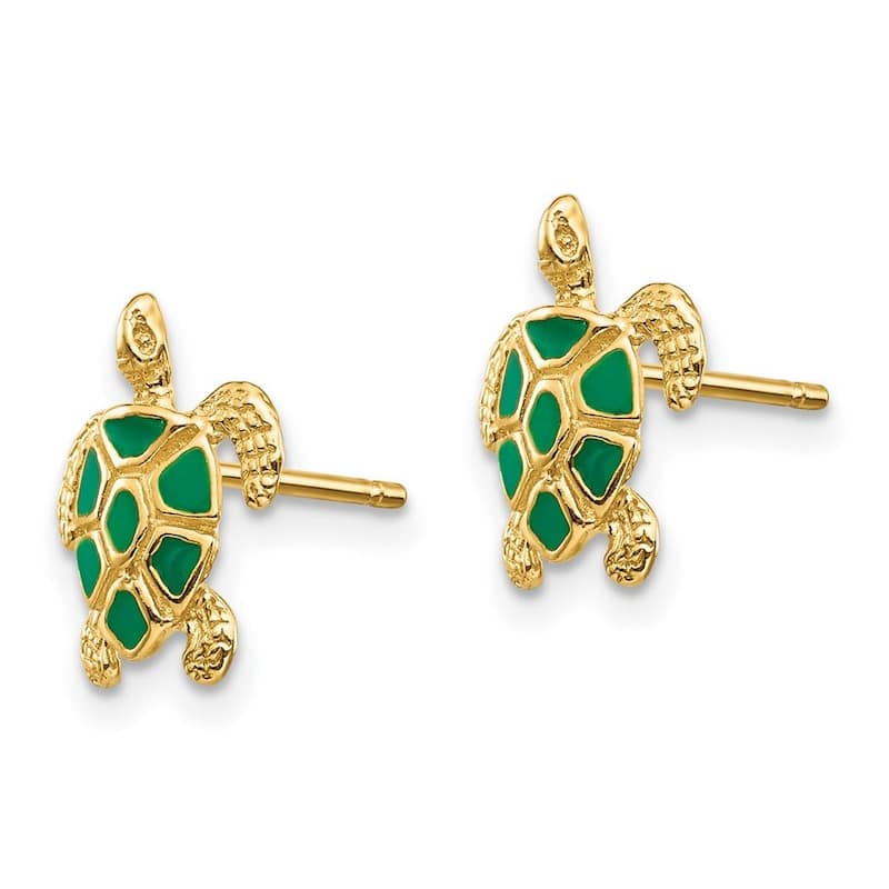 Curata 10k Yellow Gold 11x9mm Green Enameled Sea Turtle Post Earrings