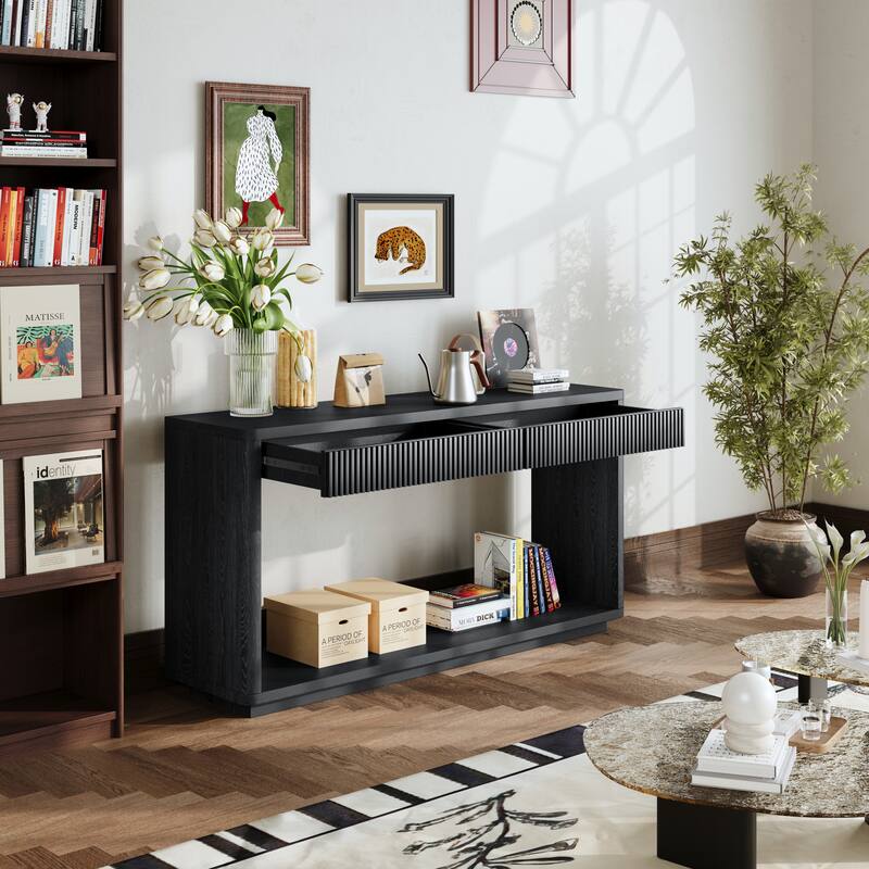 Rectangular Entryway Console Table with 2 Fluted Drawers, Sofa Table Behind Couch Table for Living Room Hallway - Black