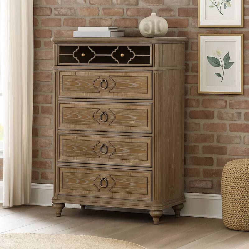 Lyla Tall Dresser Chest, 5 Drawers, Rustic Oak Brown Solid Wood Frame