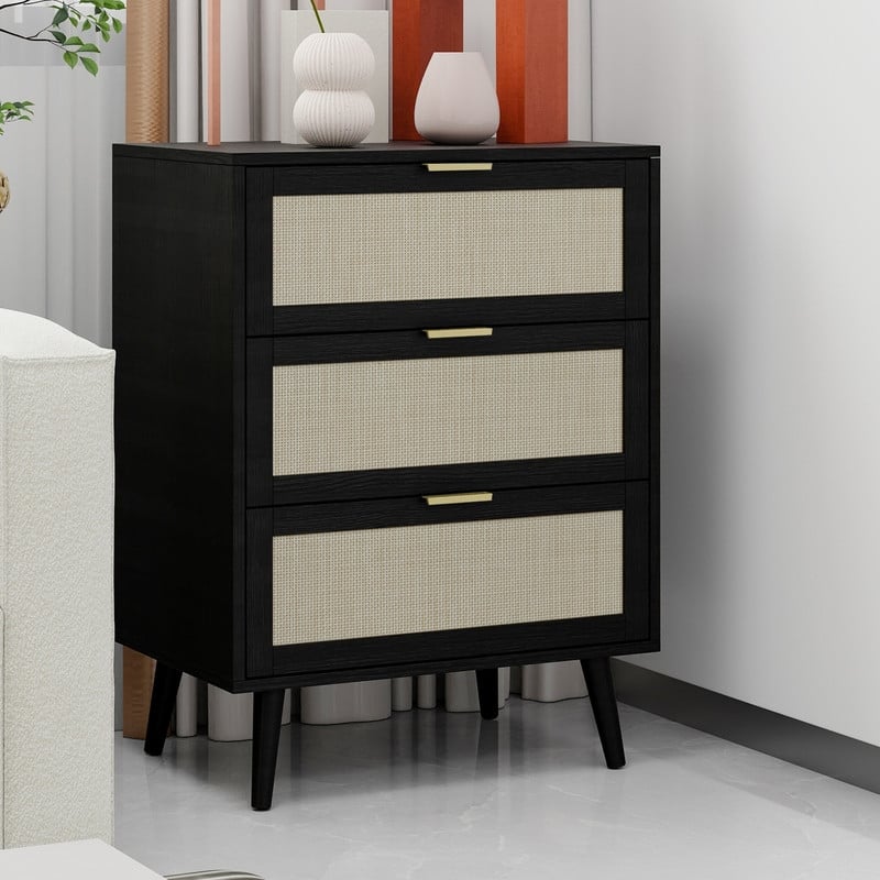 Wood Storage Cabinet with 3 Engineered Rattan Drawer Suitable for Bedroom,Living Room,Study
