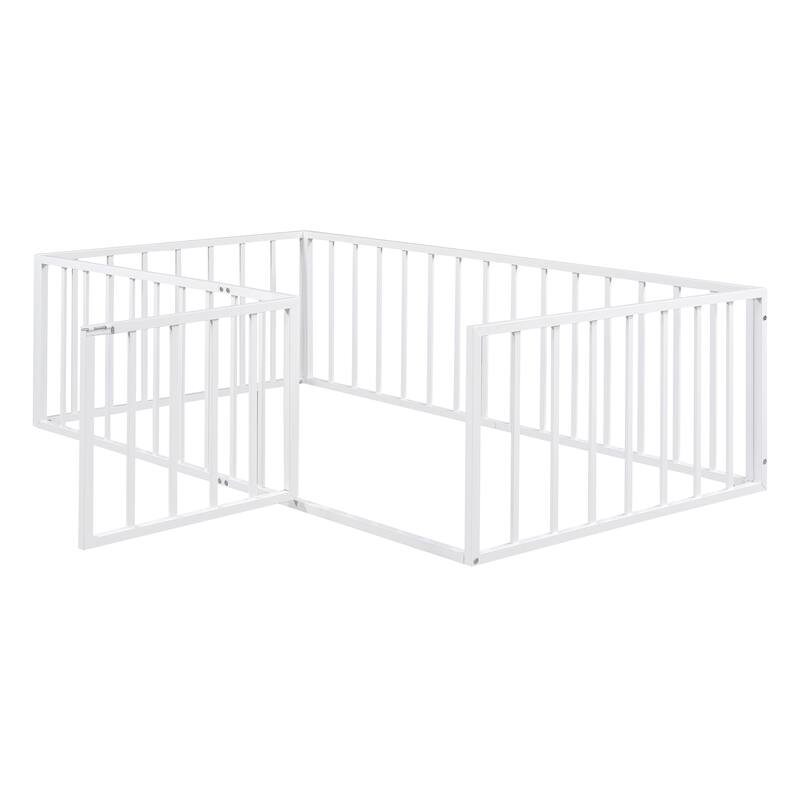 Twin Size Metal Floor Bed with Door and Fence, No Slats, Kids Play Space
