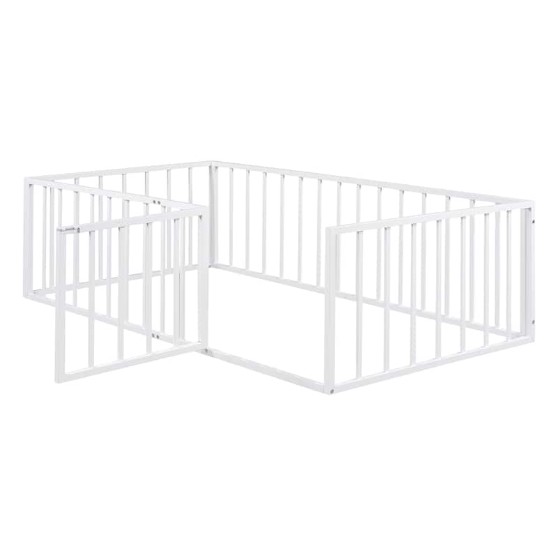 White Twin Size Metal Floor Bed Frame with Fence and Door for Kids