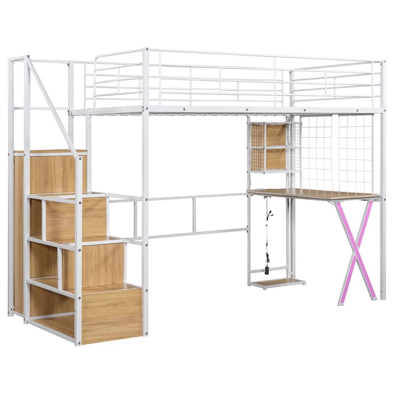White Full Size Metal Loft Bed with Desk, Wardrobe, Storage Staircase, LED Lighting and Full-Length Guardrails
