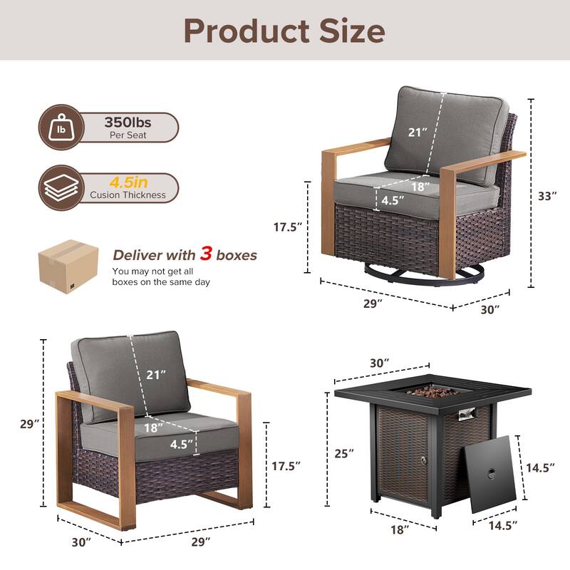 Meyreso 5-Piece Wicker Patio Conversation Set with Metal Fire Pit & Plush 4.5" Olefin Cushions