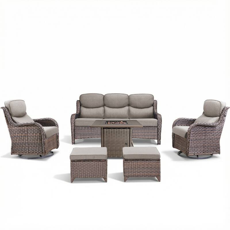 Pocassy Outdoor Propane Fire Pit Table with Sofa Swivel Chair Funiture Set.