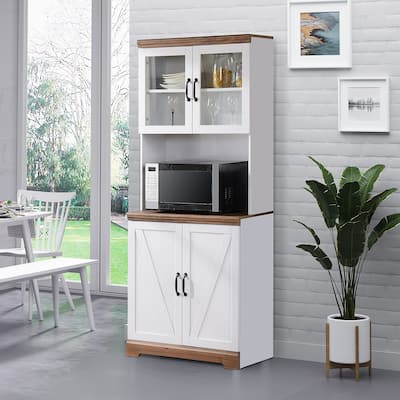 HOMCOM 70" Farmhouse Kitchen Buffet with Hutch, Cupboard Cabinet with Glass Doors, Adjustable Shelves, Microwave Countertop