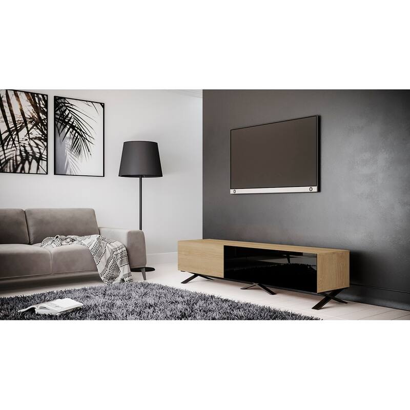 B-Modern Influencer 75" Modern IR Glass TV Stand - Natural Oak