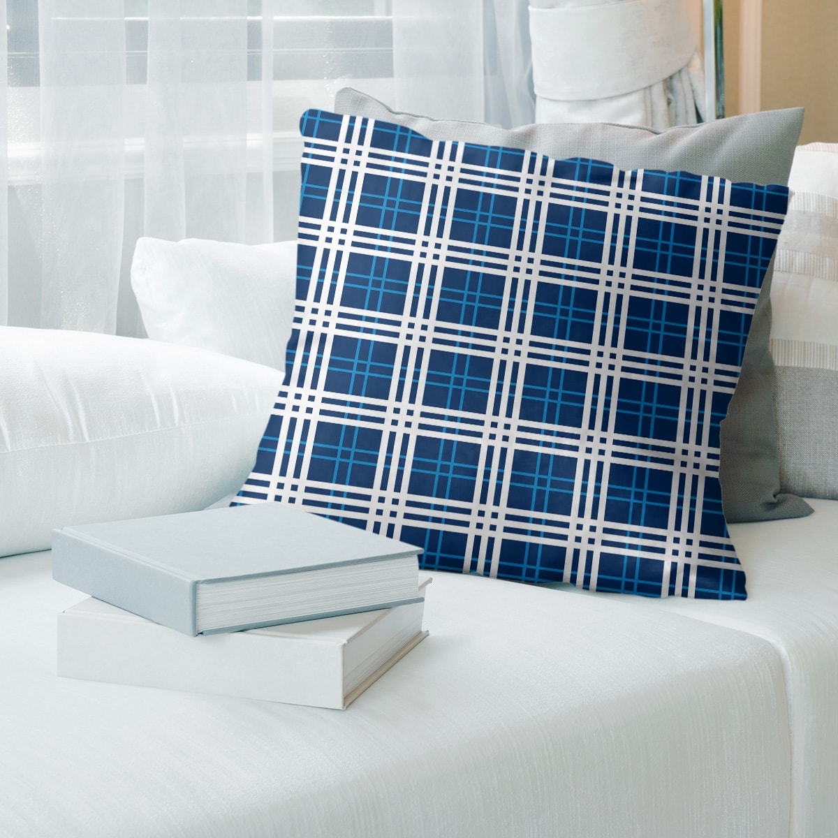 Navy blue plaid pillows clearance