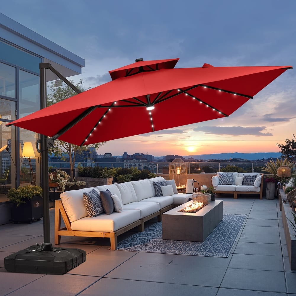 10 X 13 FT Outdoor Patio Cantilever Umbrella with Solar Lights Wheeled Base Double Canopy 360 Rotation Tilt