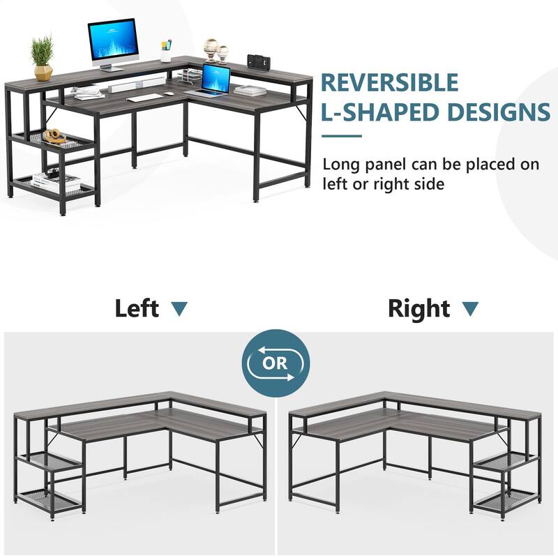 69" L Shaped Desk with Monitor Shelf, Reversible Corner Computer Desk for Office Home