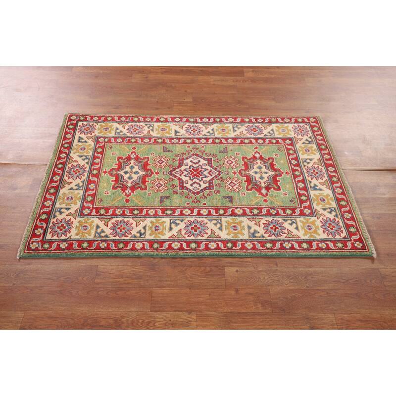 Light Green Kazak Oriental Accent Rug Handmade Wool Carpet - 2'9" x 4'1"