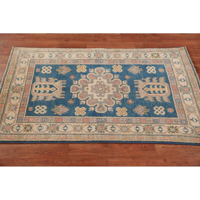 Blue Kazak Foyer Rug Handmade Traditional Geometric Wool Carpet - 2'7"x 3'11"