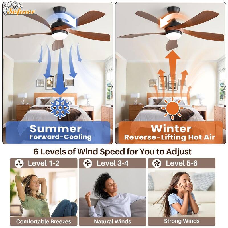 52 Inch Ceiling Fan with Remote & Lights Quiet DC Motor 5 Blade High CFM Modern Fan