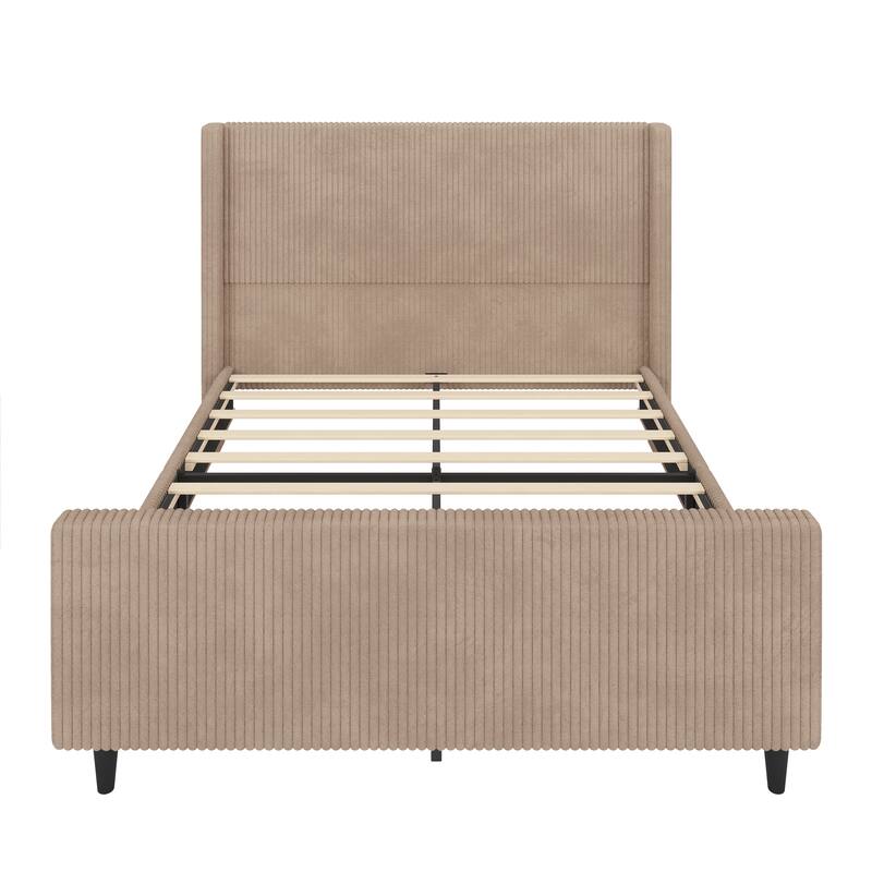 Queen/King Corduroy Bed Frame with 50.7'' Tall Headboard, Upholstered Platform Bed w/Vertical Stripe Wingback & High Footboard