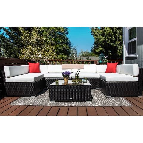 Outsunny 7-Piece Outdoor Patio Furniture Set with Dark Brown Rattan Wicker Perfect for Garden, Deck, and Backyard White