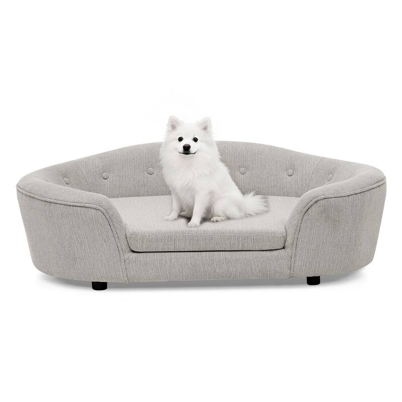 Oval Semi-Enclosed Dog Sofa, Durable Linen Material, Button-Tufted Backrest, High-Center Low-Sides Support Plush Comfort-Beige