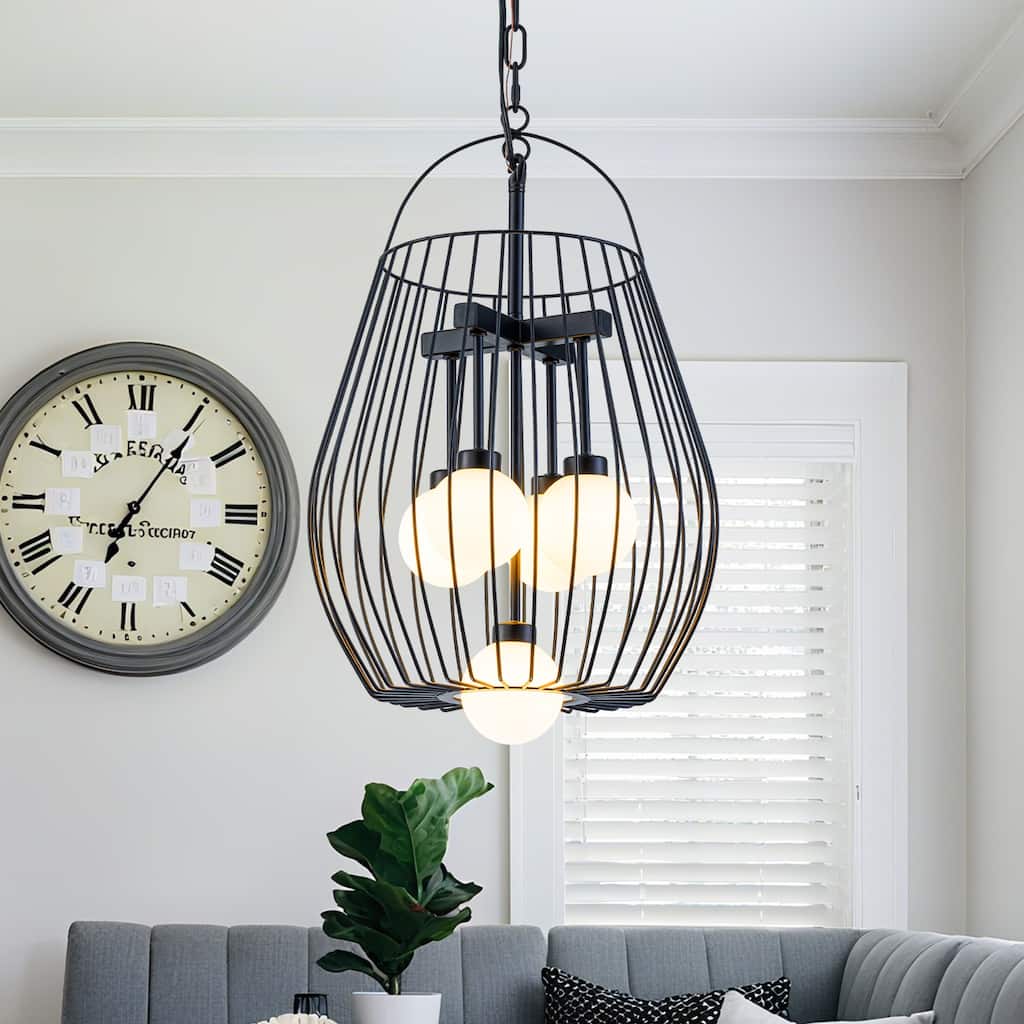 5-Light Birdcage Pendant Light with Opal Glass Globe Shades - Dia.13-in