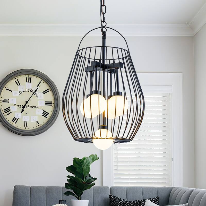 5-Light Birdcage Pendant Light with Opal Glass Globe Shades - Dia.13-in - Dia.13-in